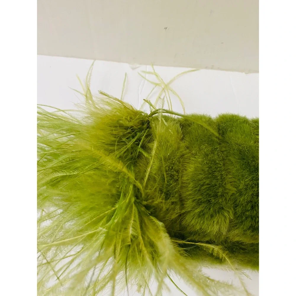 Olive Green Feather-Trim Fur Clutch with Chain Strap